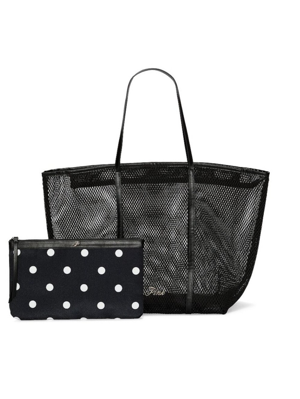 PINK Victoria's Secret Black Mesh Tote with Black Polka Dot Pouch